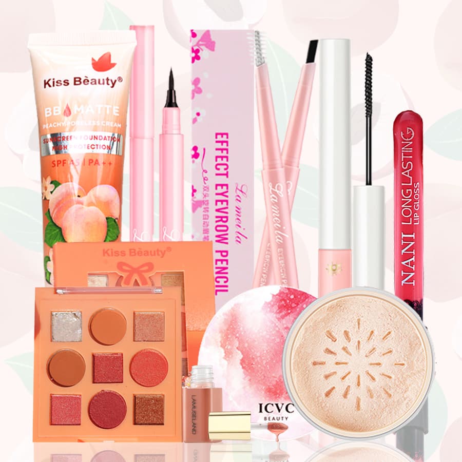 [HCM][Peachy Sis] 1 Bộ 8 món mỹ phẩm học sinh trọn bộ mới nhất(Kem BB + phấn mắt + chì kẻ mày + mascara + kẻ mắt + má hồng + son lì + phấn trang điểm bột)