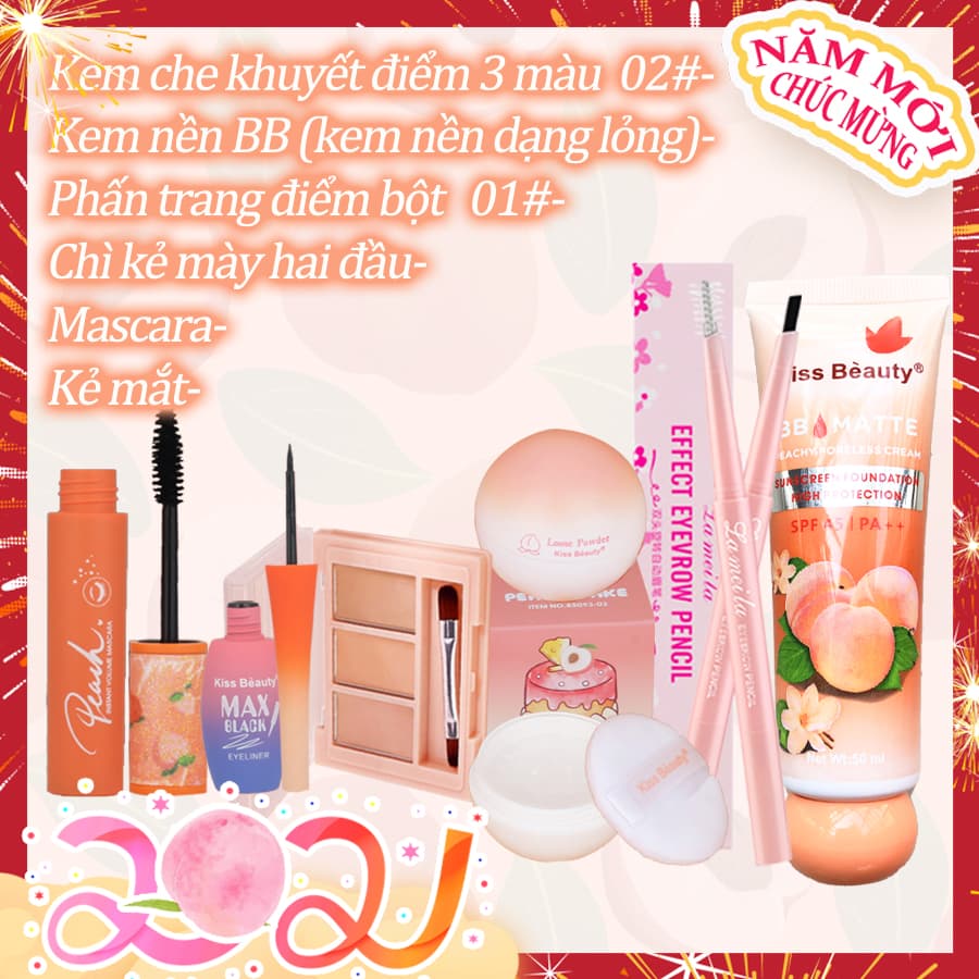 【Kiss Belle Shop】Bộ trang điểm mắt cá nhân KISS BEAUTY-6 món (Kem BB + Kem che khuyết điểm 3 màu + Phấn Phủ trang điểm bột+Chì kẻ mày + Kẻ mắt + Mascara)