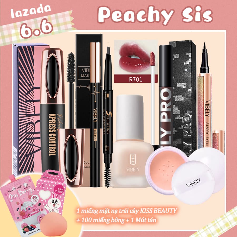 [HCM]VIBELY Bộ trang điểm đầy đủ Kem nền dạng lỏng+Phấn phủ+Mascara+Bút kẻ mắt+Bút kẻ lông mày+Sơn bóng (Quà tặng miễn phí: 50 miếng Bông tẩy trang + 1 gói mặt nạ + 1 Mút tán)