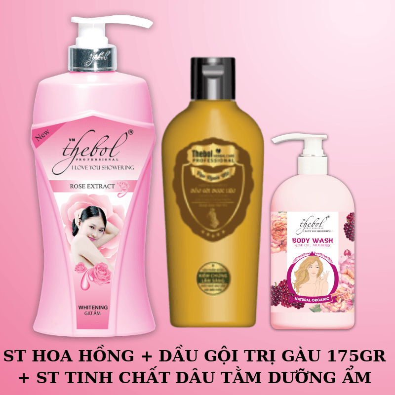 [HCM]Sữa Tắm Hoa Hồng Dưỡng Ẩm Trắng Da Tinh Chất Nước Hoa Thebol 1200g + Sữa Tắm Hoa Hồng Dâu Tằm Tinh Dầu Thơm Thảo Dược Dưỡng Ẩm Trắng Sáng Da Thơm mềm mịn Thebol 5plus + Dầu gội trị sạch gàu dược liệu sạch Thebol 175G