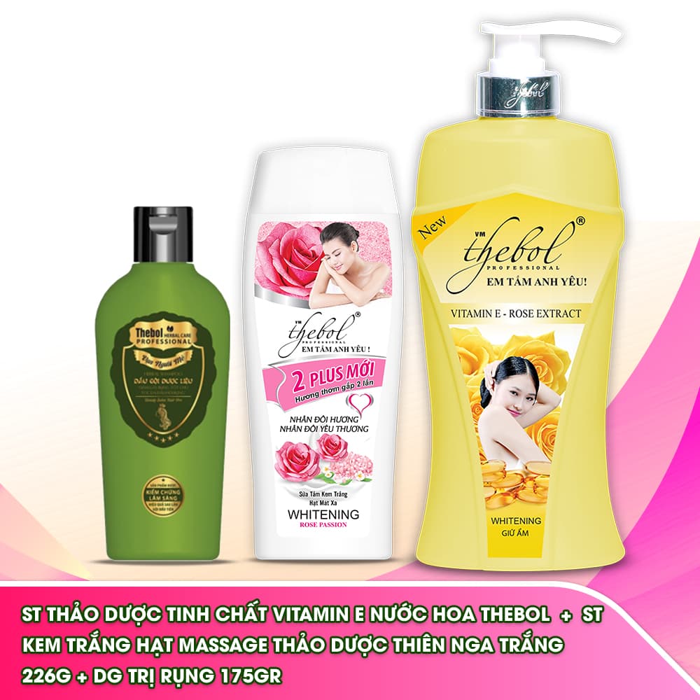 [HCM]Sữa Tắm Hoa Hồng Dưỡng Ẩm Trắng Da Tinh Chất  Vitamin E Nước Hoa Thebol 900g + Sữa tắm trắng da hạt massage Thebol 226g + Dầu Gội Giảm Rụng kích thích mọc tóc mềm mượt Chiết Xuất Từ Dược Liệu Sạch Thebol 175g