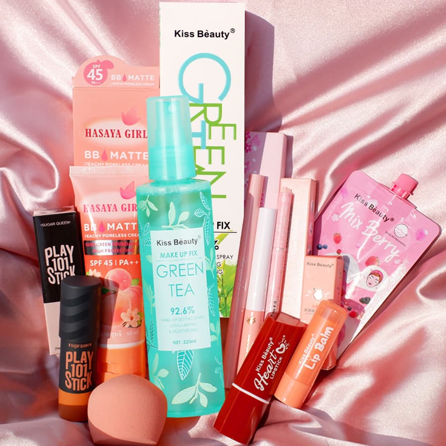 [HCM][Peachy Sis Shop] Trọn bộ mỹ phẩm Chuẩn Kiss Beauty (kem BB+Xịt dưỡng trang điểm+chì kẻ mày+Kẻ mắt+mascara+Bóng đường viền+Son môi+son dưỡng môi+Mặt nạ+Mút tán)