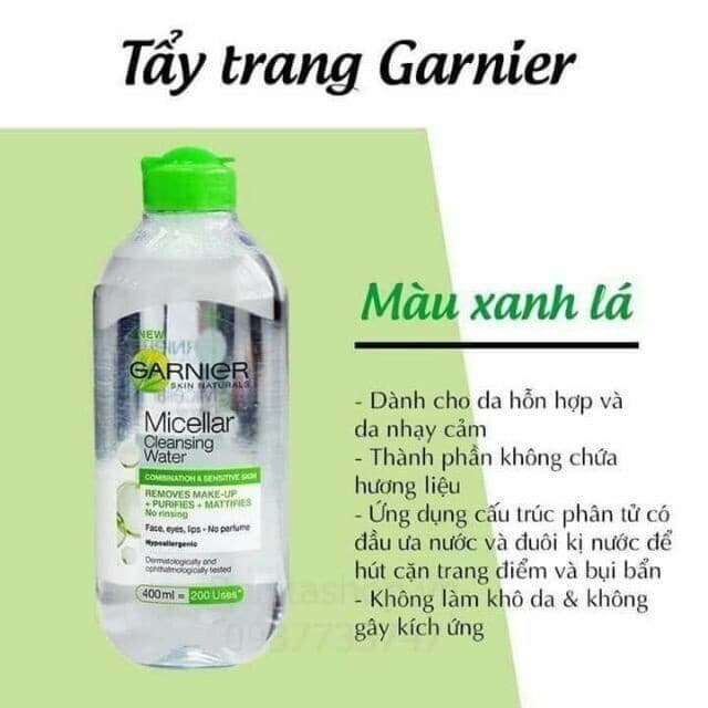 NƯỚC TẨY TRANG cho da hỗn hợp Garnier Micellar Cleansing Water 400ml Màu Xanh lá Frorence86 Store