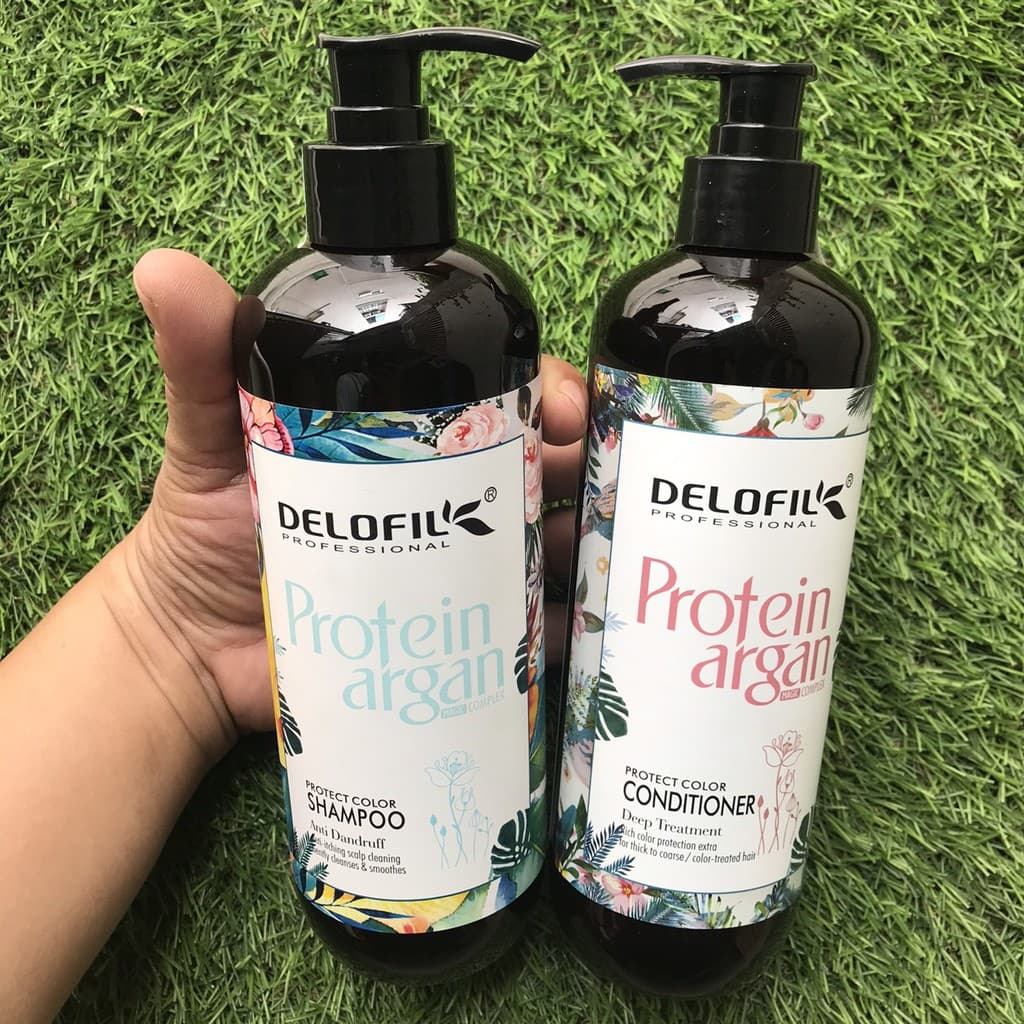 Dầu Gội xả phục hồi  giữ màu  gàu  chống rụng tóc Delofil Protein Argan 500ml x2