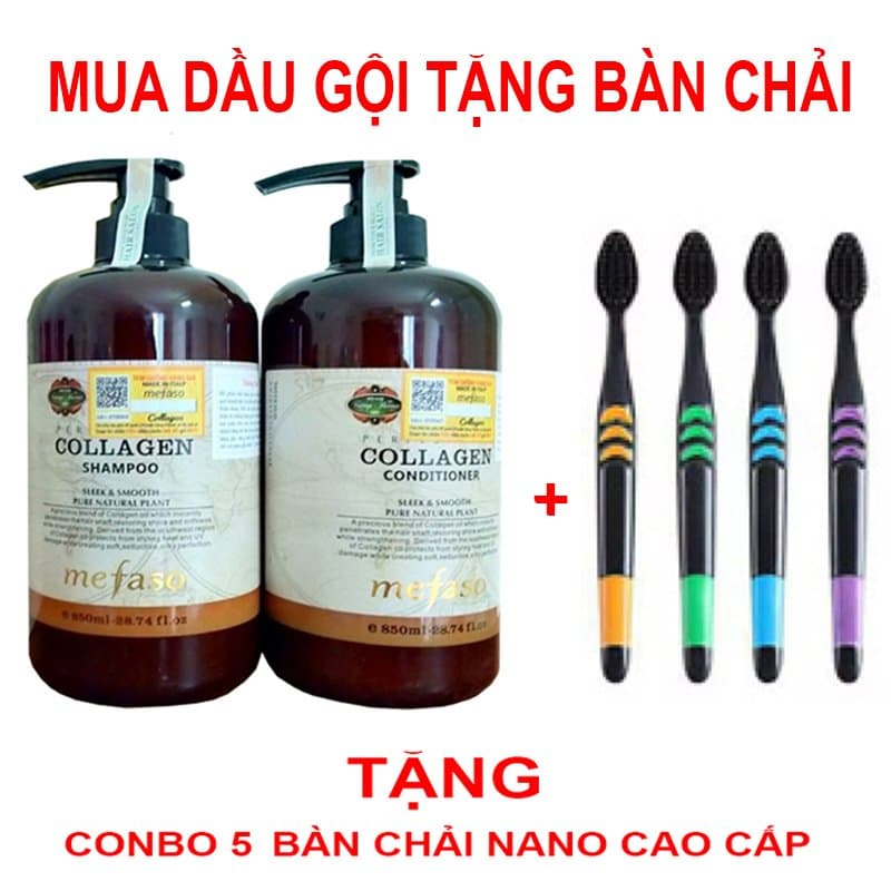 Cặp Dầu Gội Và Dầu Xả Collagen Mefaso 850ML Tặng 5 bàn chải than hoạt tính