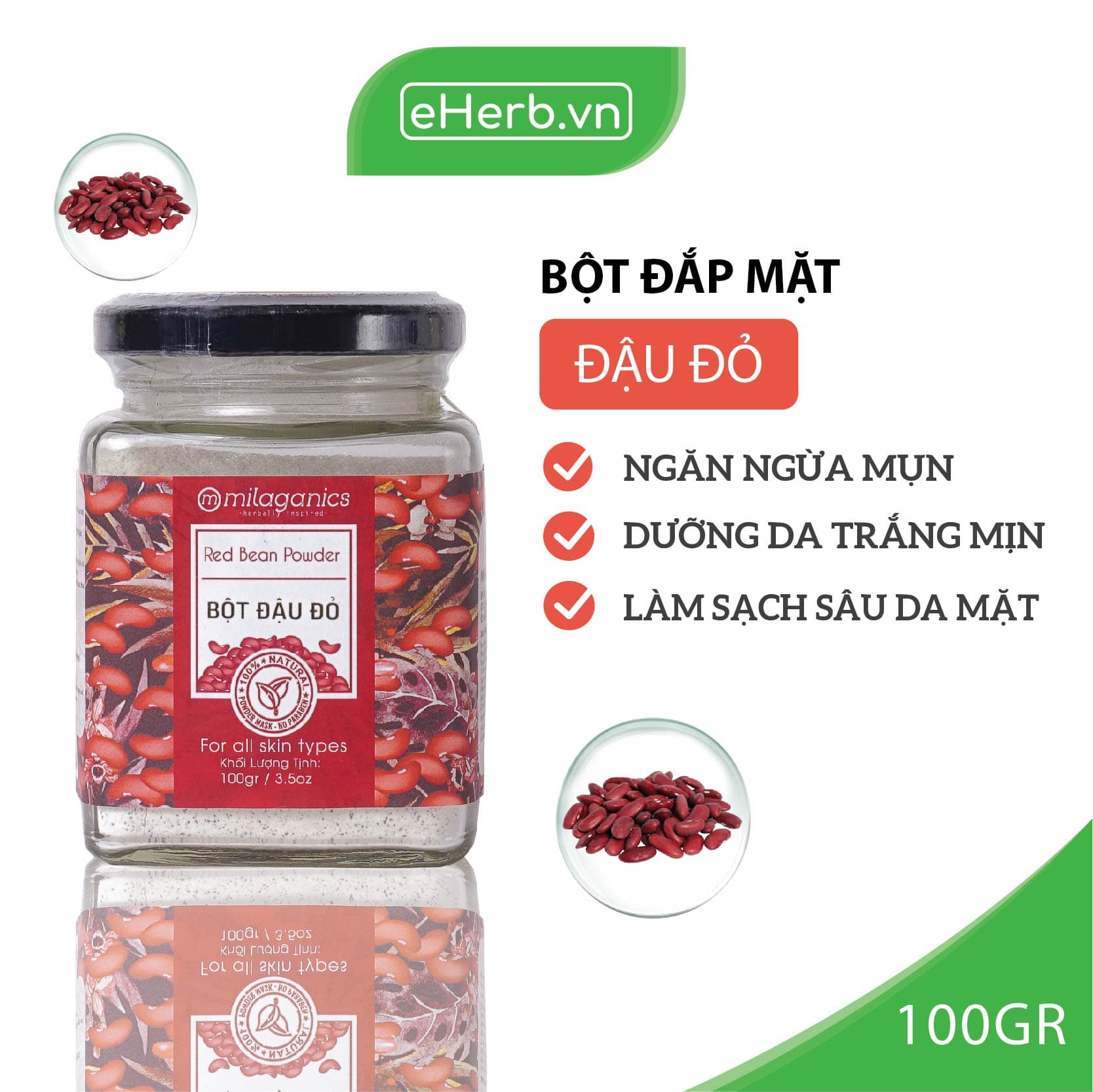 Bột Đậu Đỏ Nguyên Chất Đắp Mặt Nạ Ngăn Ngừa Mụn Dưỡng Da Trắng Mịn MILAGANICS 100g (Hũ)