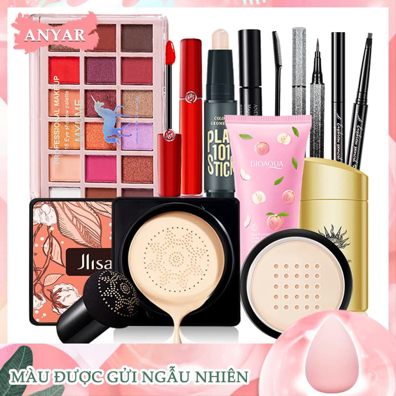 [HCM]ANYAR-Bộ trang điểm chuyên nghiệp 10 món tiện lợi cá nhân Đệm đầu nấm nhỏ + sữa làm sạch amin đào + kem cách ly bảo vệ + son môi màu cà chua + bảng màu mắt 18 màu + thanh kẻ viền hai đầu+ chì kẻ mày siêu mịn không thấ
