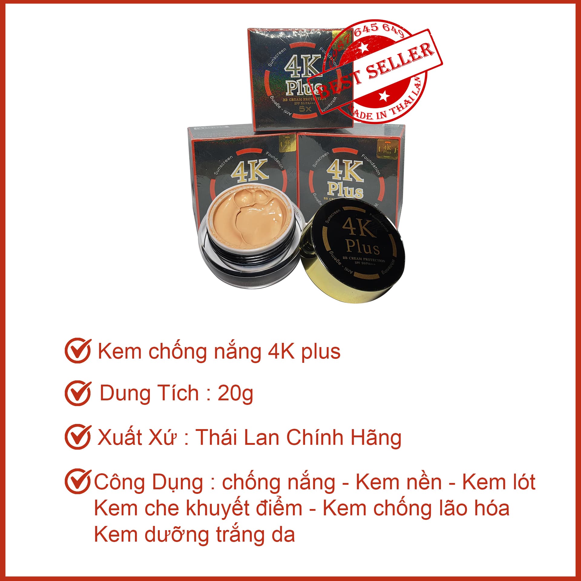 [HCM]Kem nền chống nắng trắng da 4K Plus 5X BB Cream Protection SPF 50 PA+++ Thái Lan