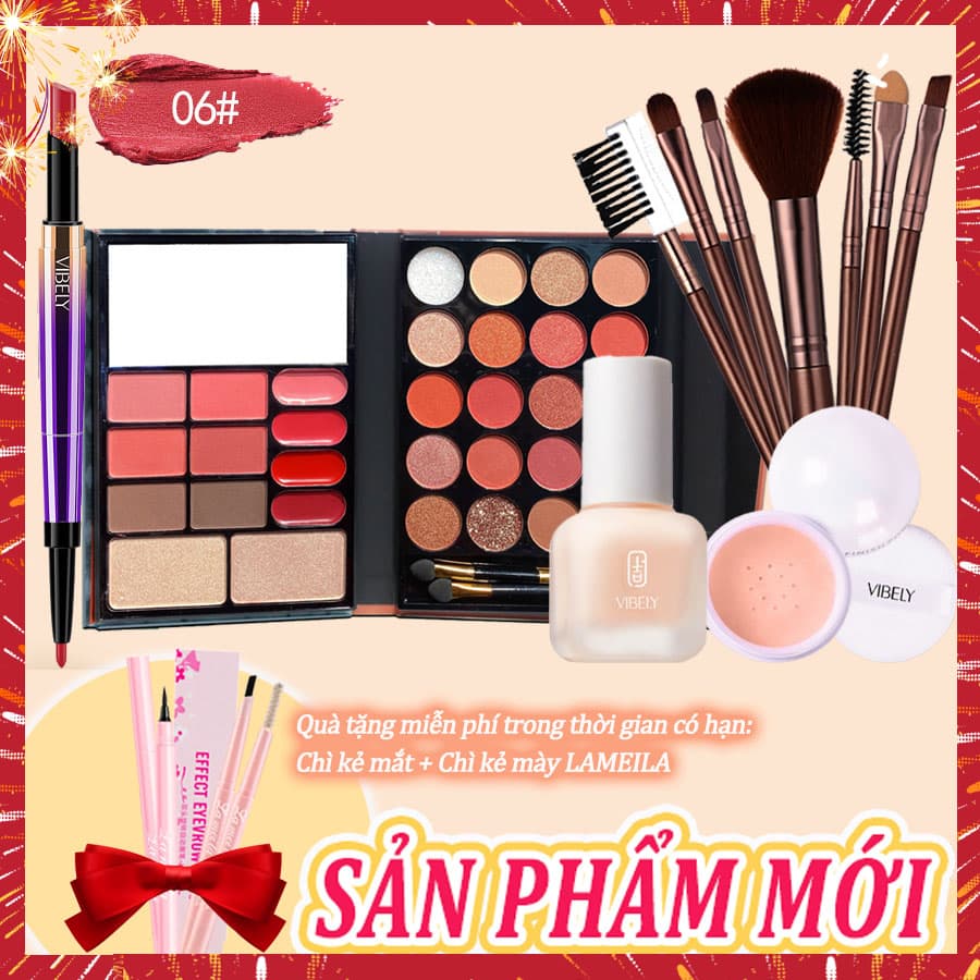 [HCM]VIBELY Bộ trang điểm cá nhân đầy đủ-5 mónSon môi chống thấm nước lâu trôi đa chức năng+Bảng phấn mắt 32 màu+Kem nền dạng lỏng+Phấn trang điểm bột+7 cọ trang điểm (Quà tặng miễn phí: LAMEILA chì kẻ mắt+mascara)
