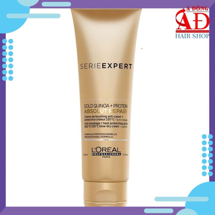 Kem dưỡng xả khô chống nhiệt Loreal Absolut Repair Gold Quinoa + Protein Blow-dry Cream Leave-in (lên tới 230oC) Pháp 125ml