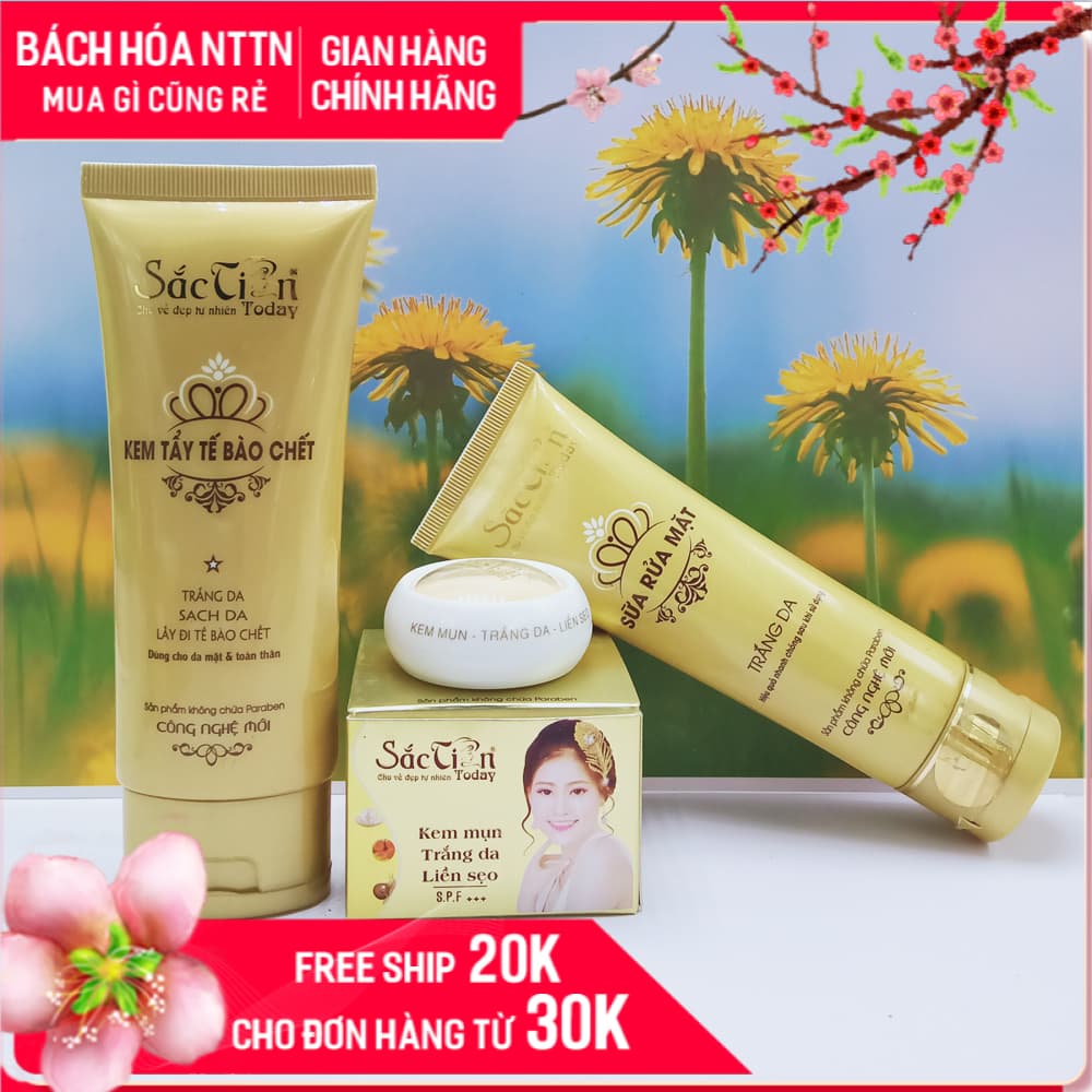Combo Kem mụn trắng da liền sẹo + Kem tẩy tế bào chết + Sữa rửa mặt Sắc Tiên Today