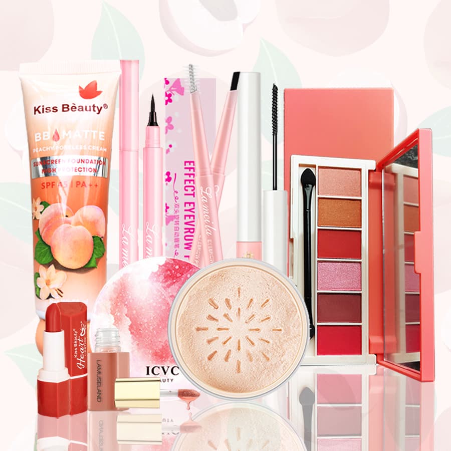 [HCM][Peachy Sis] [Peachy Sis] 1 Bộ 8 món mỹ phẩm học sinh trọn bộ mới nhất(Kem BB + phấn mắt + chì kẻ mày + mascara + kẻ mắt + má hồng + Son môi+ phấn trang điểm bột)