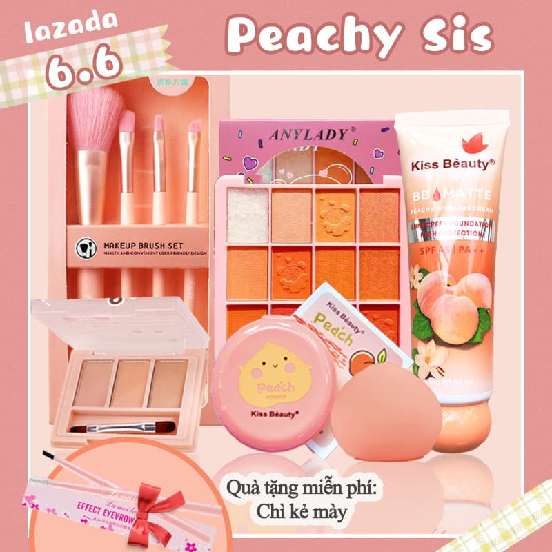 [HCM][Peachy Sis] Bộ trang điểm tiện lợi 6 món từ a đến z bộ makeup đầy đủ set trang điểm chuyên nghiệp Cọ trang điểm+Phấn mắt + Kem nền+Phấn trang điểm+Mút trang điểm+ kem che khuyết điểm 【1 Quà tặng miễn phí】