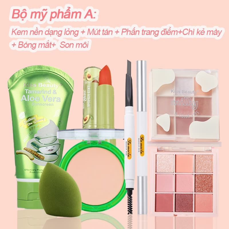 [HCM][Peachy sis] Bộ 6 mảnh trang điểm cá nhân Kem nền dạng lỏng+Mút tán+Phấn trang điểm+(Chì kẻ mày hoặc là Kẻ mắt hoặc là Mascara)+Bóng mắt+Son môi(Kem chống nắng không thấm nước không thấm mồ hôi và lâu dài)