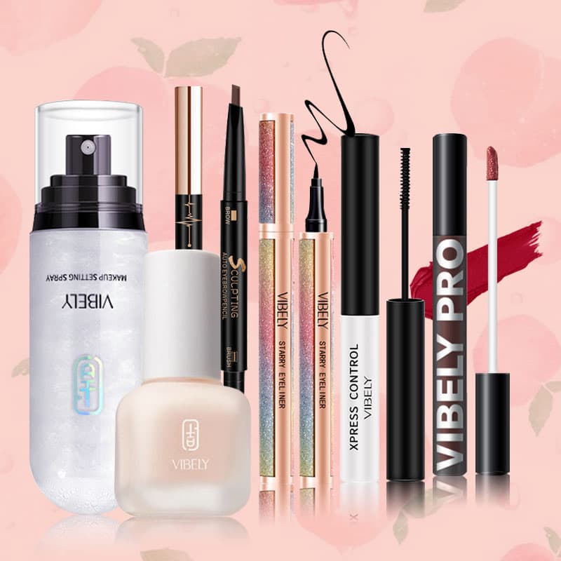 [HCM]VIBELY Bộ trang điểm đầy đủ Kem nền dạng lỏng+Xịt dưỡng trang điểm+Mascara+Bút kẻ mắt+Bút kẻ lông mày+Sơn bóng (Quà tặng miễn phí: 50 miếng Bông tẩy trang + 1 gói mặt nạ + 1 Mút tán)