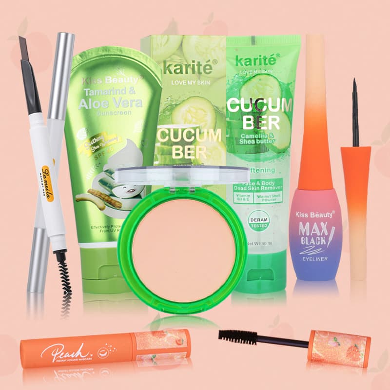 [HCM]【Kiss Belle Shop】Bộ trang điểm cơ bản cá nhân(Kem Tẩy Da Chết Body Quả dưa chuột Clear+Kem nền Aloe Vera Liquid Foundation 50ml + Phấn nén trang điểm + Chì kẻ mày + Bút kẻ mắt dạng lỏng + Mascara)