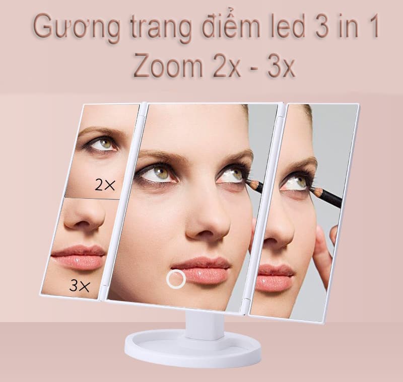Gương trang điểm hàn quốc - cảm ứng đèn led - 4 mặt gương zoom x2 x3