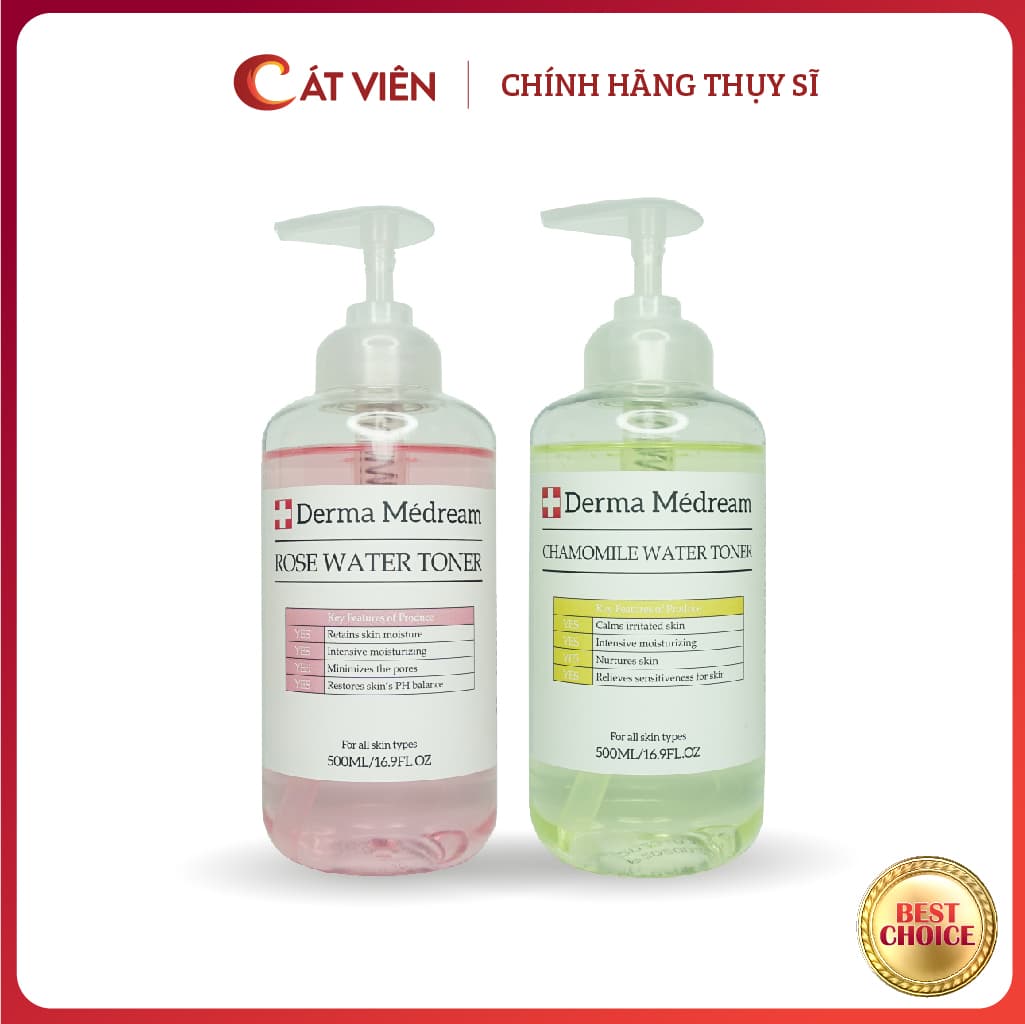 Toner nước hoa hồng Derma Medream cân bằng da dưỡng ẩm dưỡng trắng giảm mụn giảm thâm làm sạch da - chai 500ml