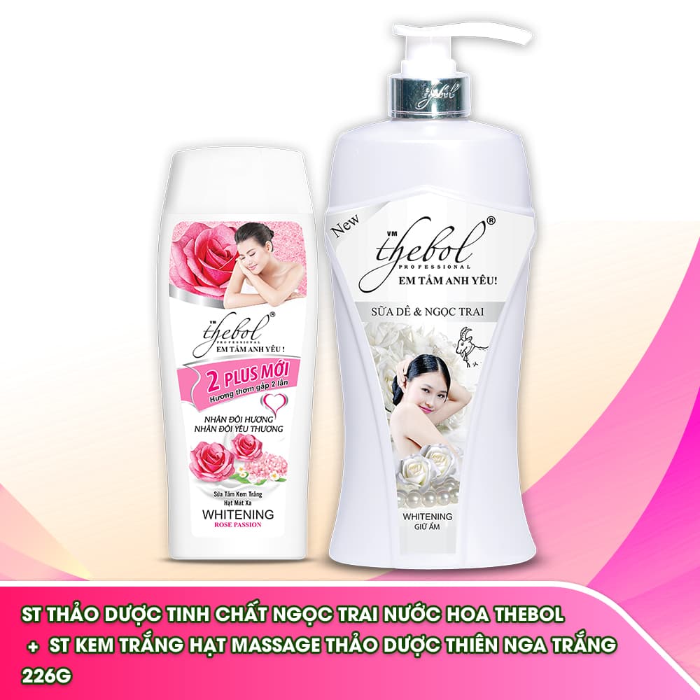 [HCM]Sữa tắm nước hoa tinh chất ngọc trai thảo dược dưỡng ẩm trắng da Thebol 2 Plus 12kg + Sữa tắm kem trắng chiết xuất Anh Đào Trắng Hạt Mát Xa Thebol 226g