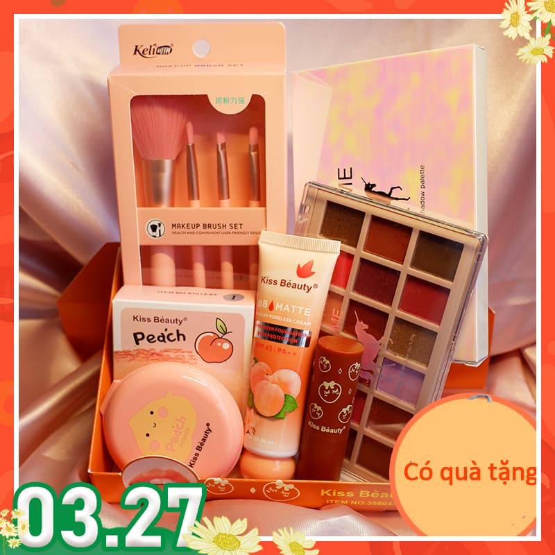 [HCM]【Kiss Belle Shop】Trọn bộ trang điểm 5 món sành điệu nhìn là mê(1x bộ cọ trang điểm 4 món + 1xBB kem + 1xPhấn trang điểm + 1x phấn mắt 18 màu + 1x son môi)