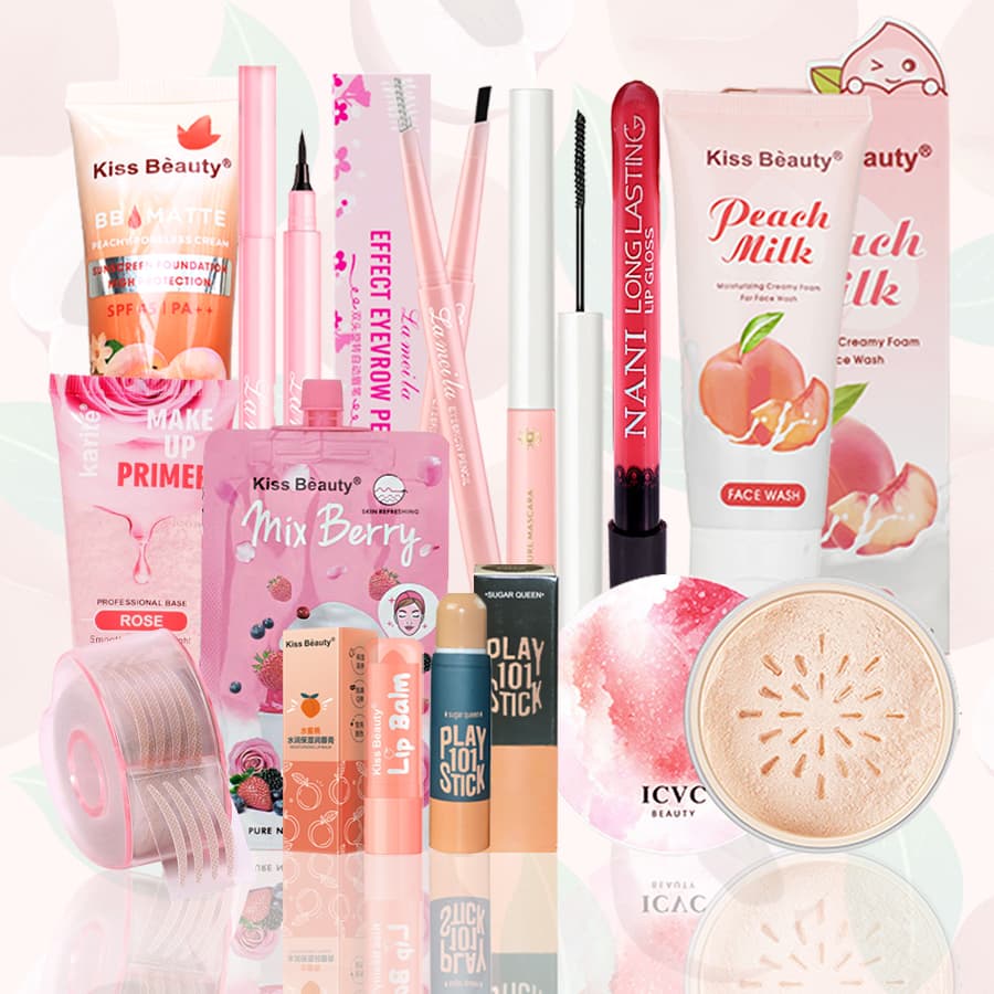 [HCM]【Kiss Belle Shop】 Bộ mỹ phẩm hoàn chỉnh KISS BEAUTY(Sữa rửa mặt + kem dưỡng ẩm + kem BB + phấn trang điểm bột + Chì kẻ mày + mascara + kẻ mắt + miếng dán mí mắt 2 mí + son dưỡng môi +lip glaze +viền bóng+ mặt nạ)