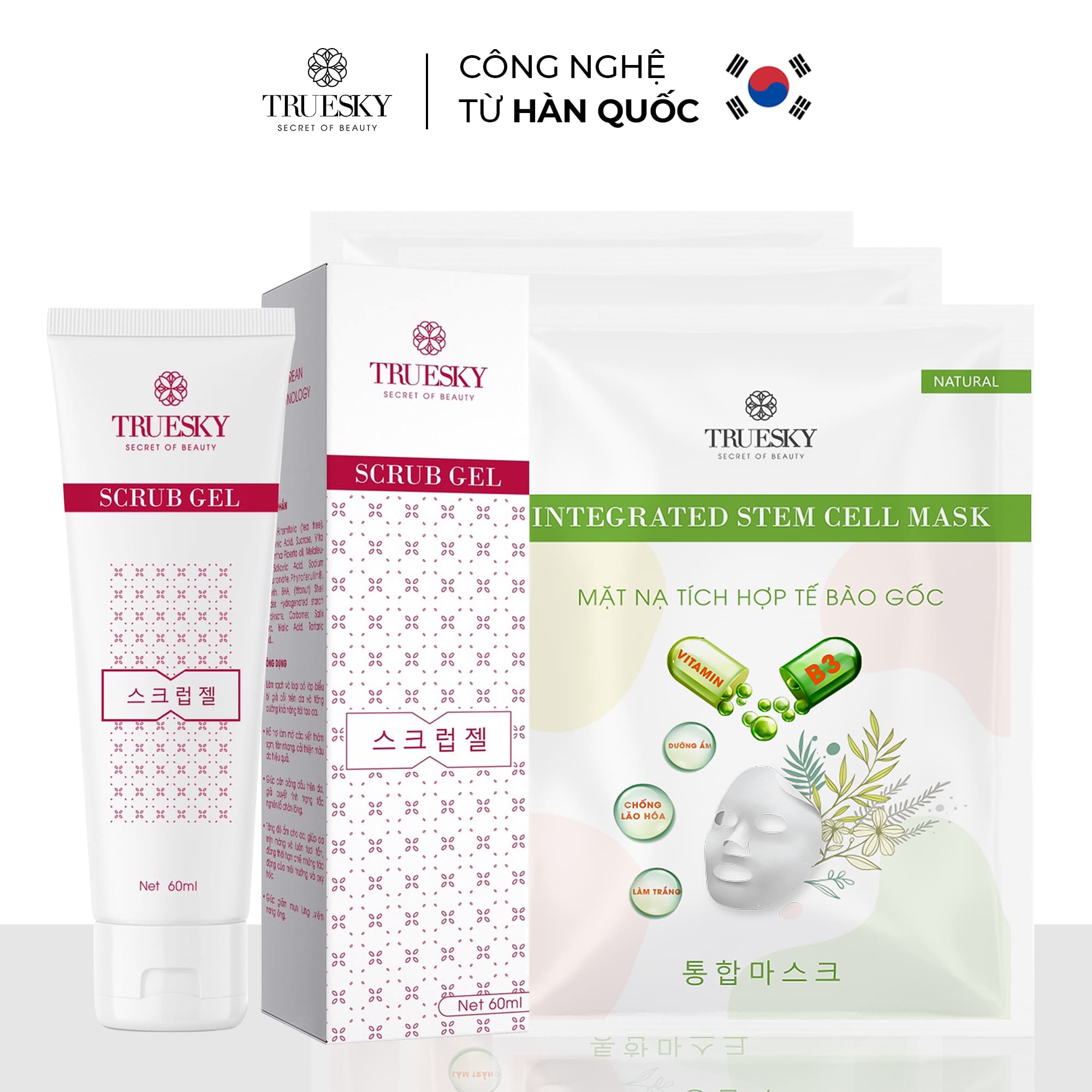 [HCM]Bộ sản phẩm dưỡng trắng da mặt Truesky M05 gồm 1 gel tẩy tế bào da 60ml & 3 miếng mặt nạ dưỡng trắng da mặt