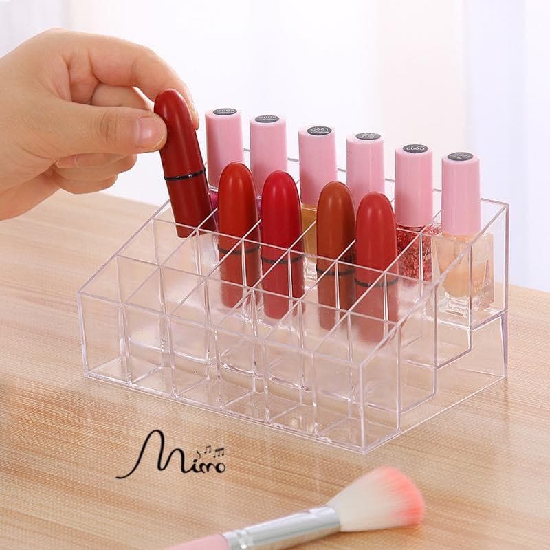 Khay đựng son 24 ô nhựa mica cao cấp - khay kệ kiểu hộp đựng son chứa được mỹ phẩm nhỏ và cọ trang điểm siêu tiện lợi tiết kiệm không gian bàn trang điểm mimomarthn