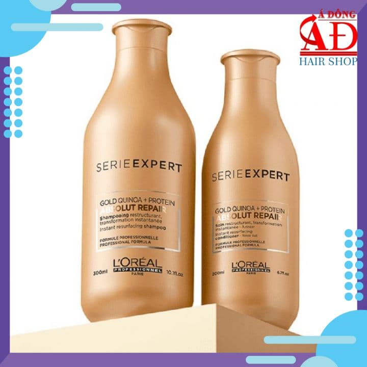 [LOREAL CHÍNH HÃNG] BỘ DẦU GỘI XẢ LOREAL SERIE EXPERT GOLD QUINOA PROTEIN ABSOLUT REPAIR PHỤC HỒI TÓC HƯ TỔN CHUYÊN NGHIỆP SALON SPAIN 300ML/200ML