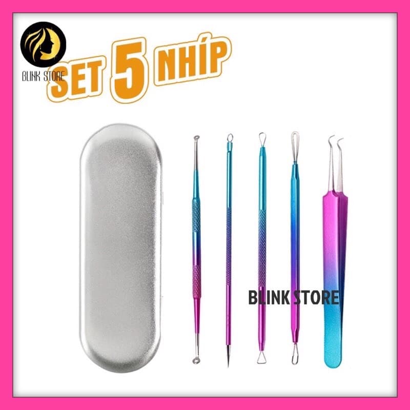 Bộ nhíp 5 món lấy nhân mụn thép không gỉ cao cấp có hộp đựng kim loại chắn chắn giúp bạn chăm sóc da chuyên nghiệp