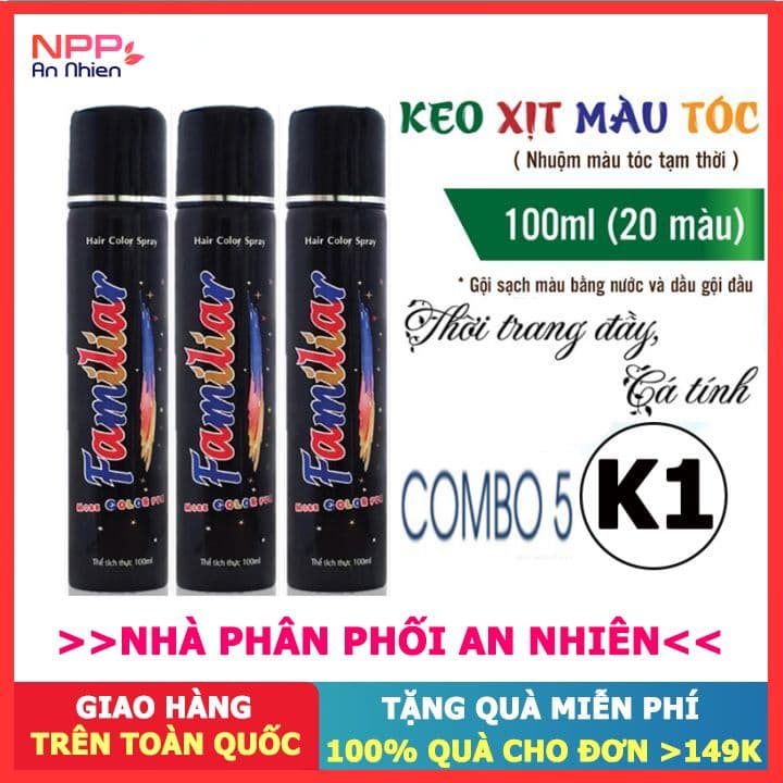 Combo 5 chai Xịt tóc màu tạm thời chuẩn salon Familiar 100ml (K1 màu trắng)- Đơn 300k nhận quà 30K NPP AN NHIÊN