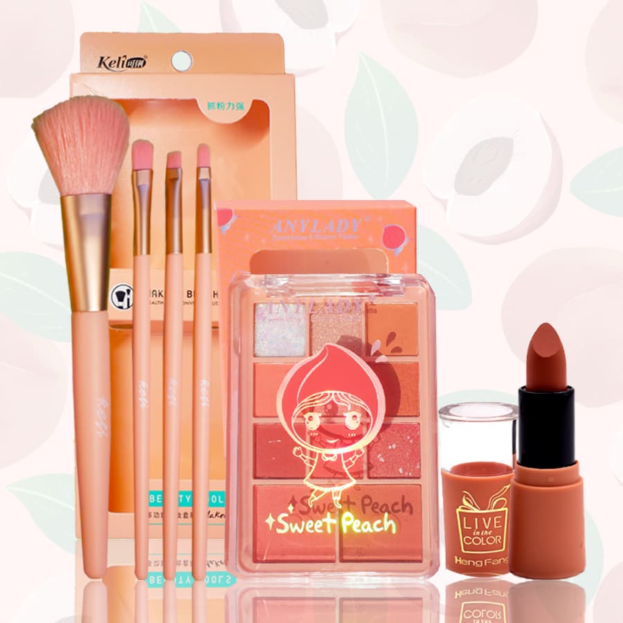 [HCM][Peachy Sis] Bộ trang điểm mắt và môi 6 món KISS BEAUTY(1x cọ trang điểm má hồng + 3x cọ trang điểm bóng mắt+11 màu bóng mắt+Son lì (màu ngẫu nhiên))