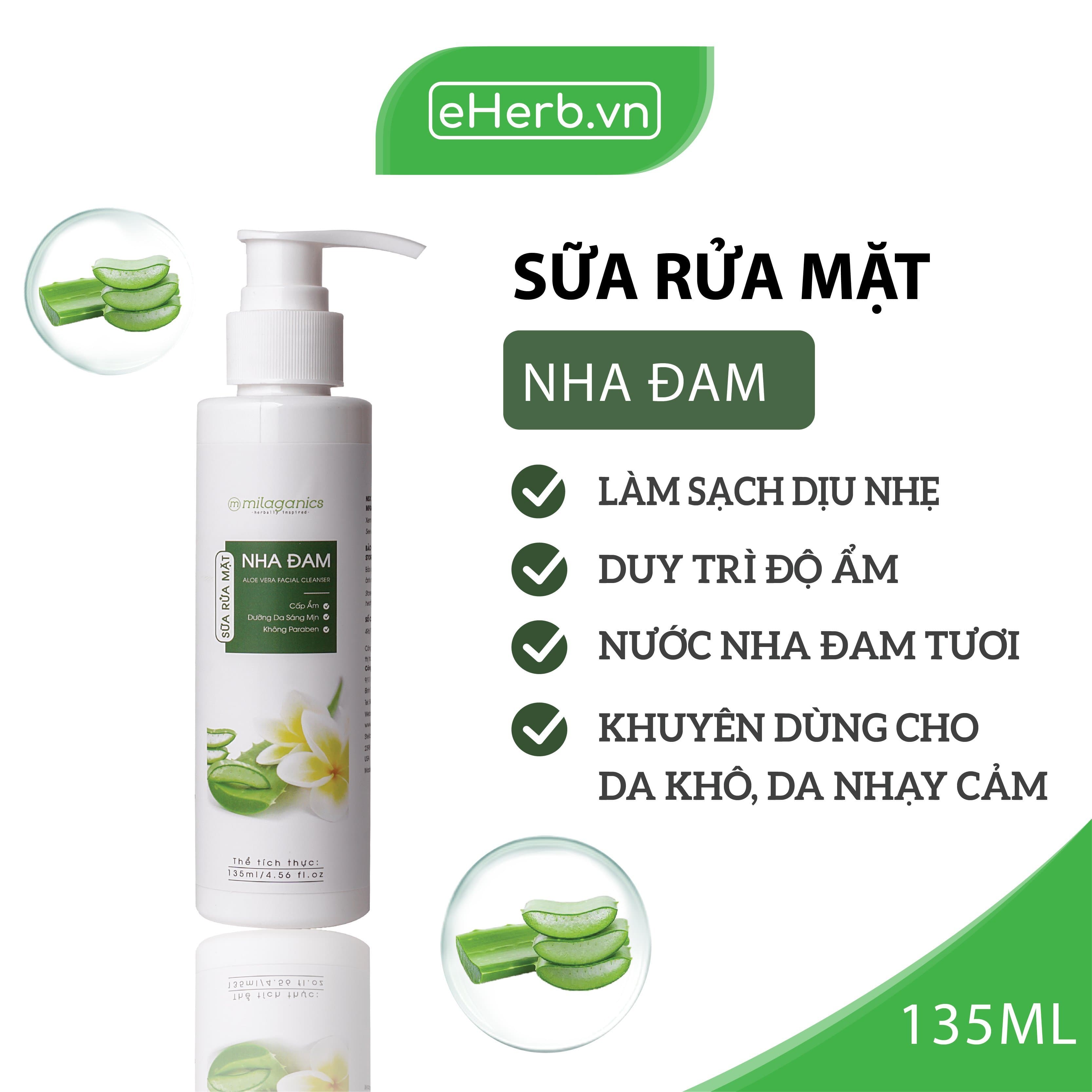 Sữa Rửa Mặt Dưỡng Ẩm Từ Nha Đam Tươi Làm Sạch Dịu Nhẹ Dành Cho Da Khô MILAGANICS 135ml (Chai)