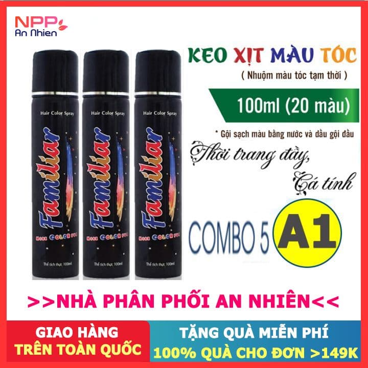 Combo 5 chai Xịt tóc màu tạm thời chuẩn salon Familiar 100ml (A1 màu vàng)- Đơn 300k nhận quà 30K NPP AN NHIÊN