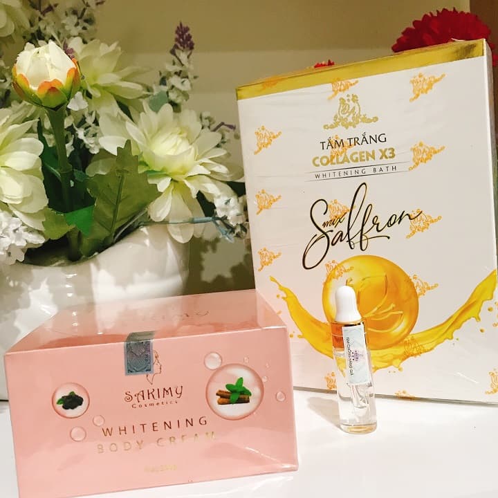 Bộ 3 Body Sakimy tắm trắng collagen x3 mix saffron và Serum kích trắng Sakimy (Chính hãng)