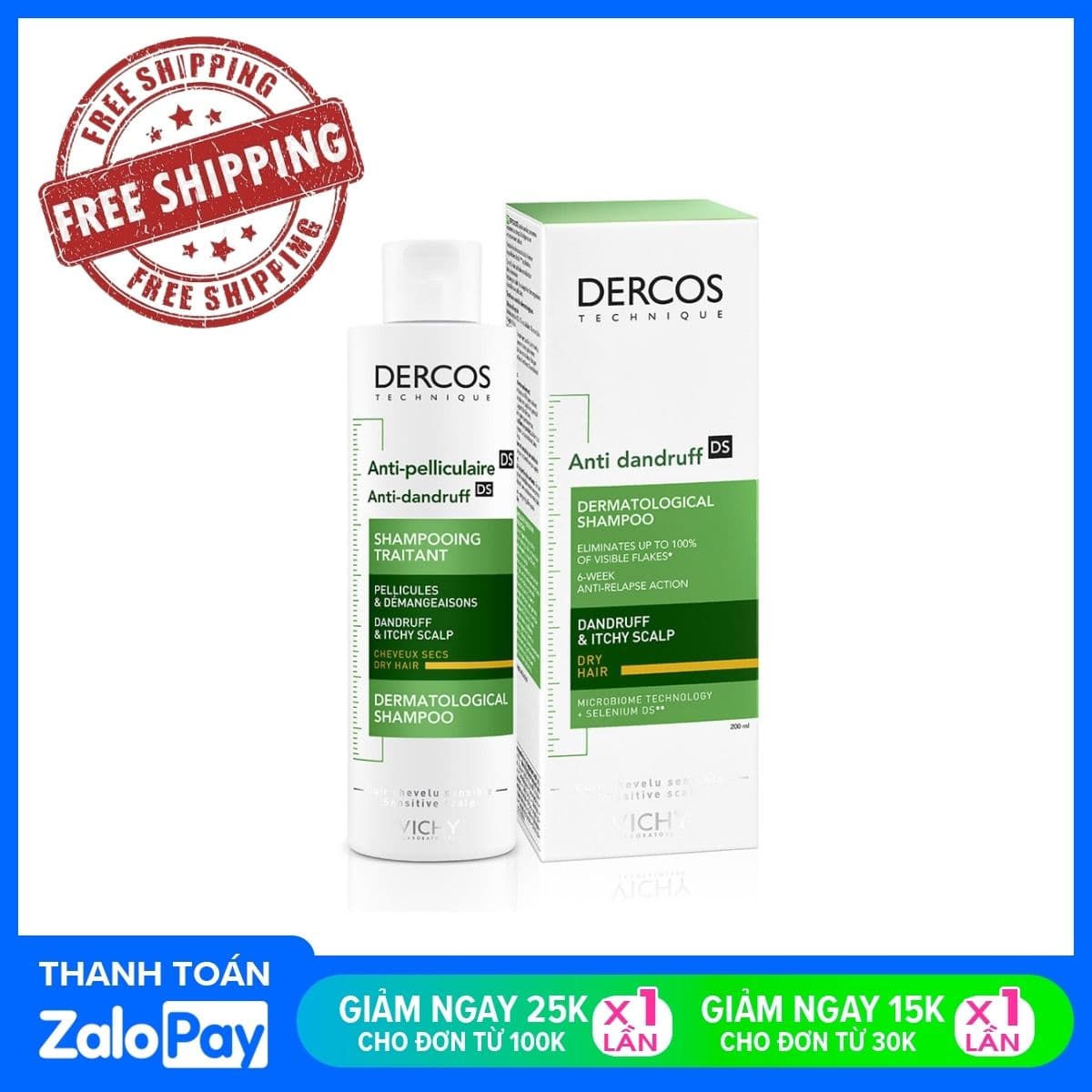 [HCM]Dầu Gội Ngăn Gàu Và Ngứa Cho Tóc Khô Xơ Vichy Dercos Technique Anti-Dandruff Dermatological Shampoo 200ml