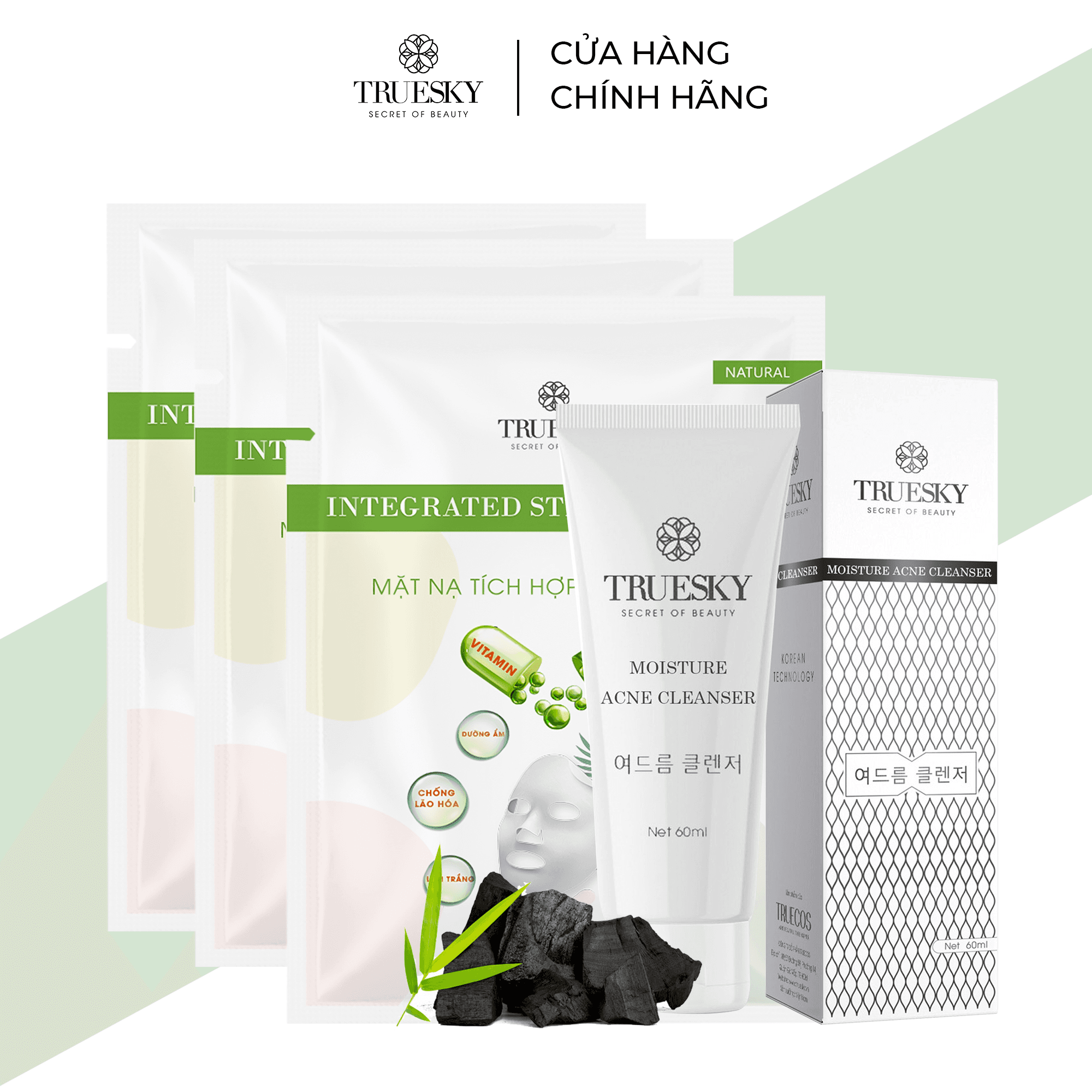 Bộ trắng da ngừa mụn Truesky M04 gồm 1 sữa rửa mặt than hoạt tính 60ml & 3 miếng mặt nạ dưỡng trắng Truesky