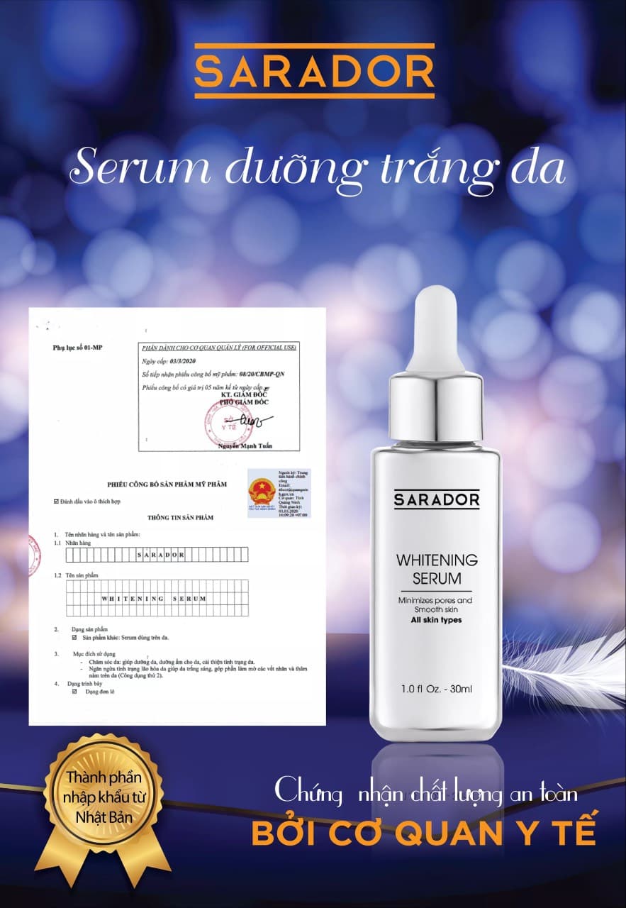 [HCM]Serum Trắng Da #SARADOR WHITENING là tinh chất mang lại hiệu quả cao trong việc làm trắng sáng làm mờ thâm mụn đốm nâu da mịn màng hơn sau 28 ngày sử dụng.