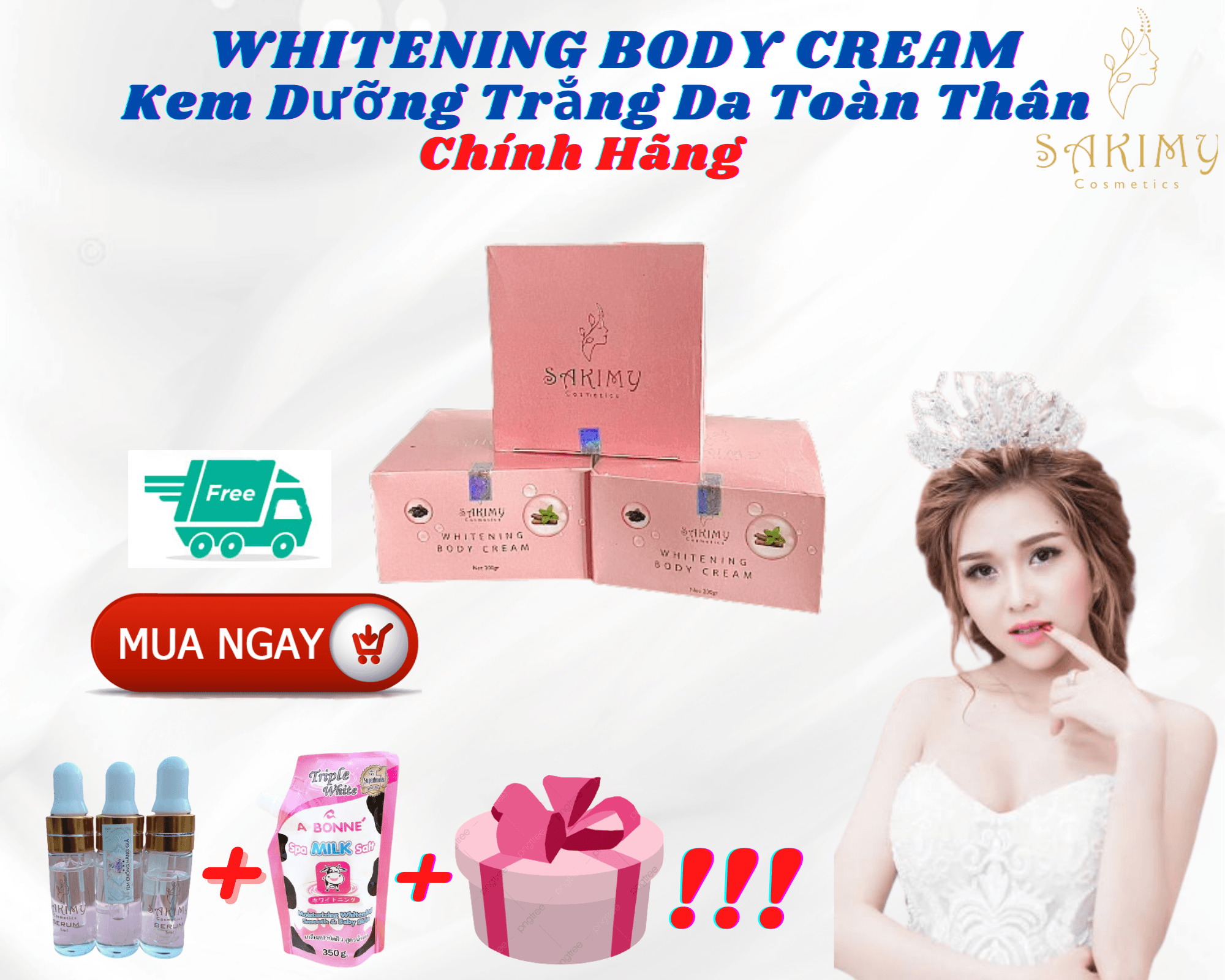 Kem dưỡng trắng da body SAKIMY 200gr combo 3 hộp tặng kèm 3 chai serum kích trắng SAKIMY chính hãng và 1 muối tắm con bò