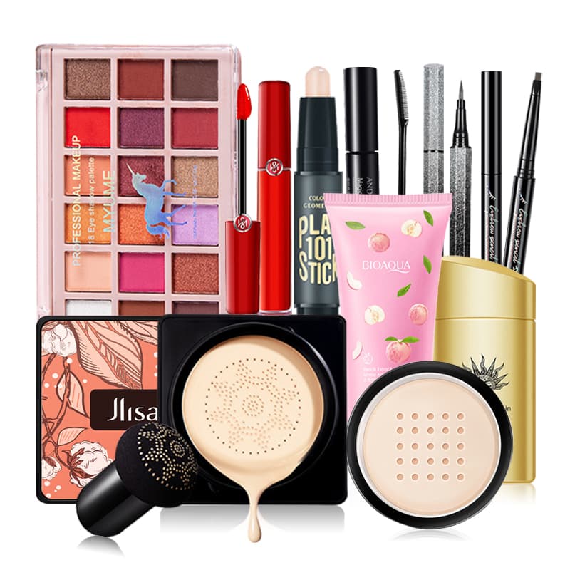 【Urbeauty Mall】Bộ trang điểm chuyên nghiệp 10 món tiện lợi cá nhân Set trang điểm đa năng chính hãng nội địa trung，Đệm đầu nấm nhỏ + sữa làm sạch amin đào + kem cách ly bảo vệ + son môi màu cà chua