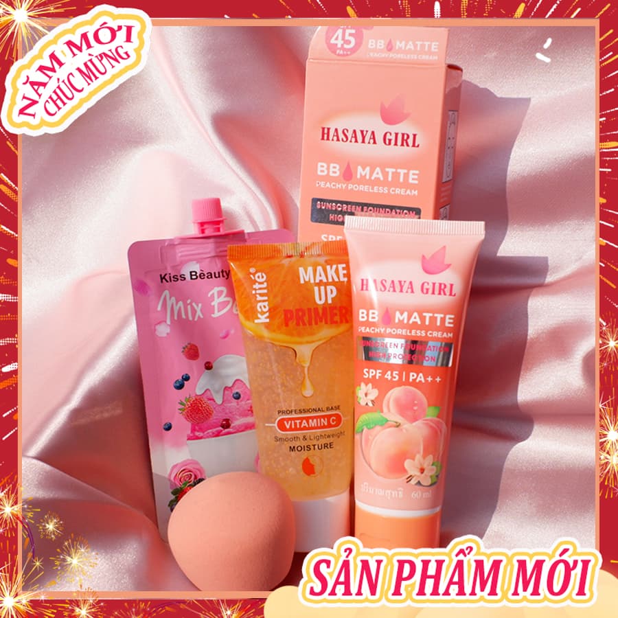 [HCM][Peachy Sis Shop] Bộ trang điểm cơ bản Bộ 4 món( Kem cách ly Trong suốt+kem BB+Mặt nạ+Mút tán)
