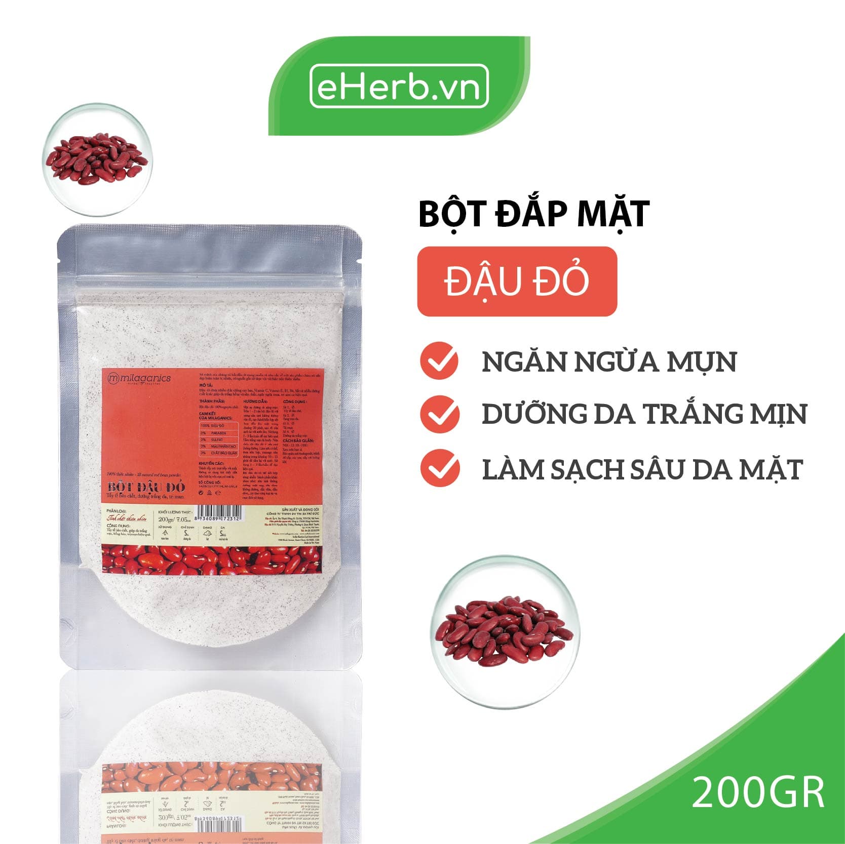 Bột Đậu Đỏ Nguyên Chất Đắp Mặt Nạ Ngăn Ngừa Mụn Dưỡng Da Trắng Mịn MILAGANICS 200g (Túi Zip)
