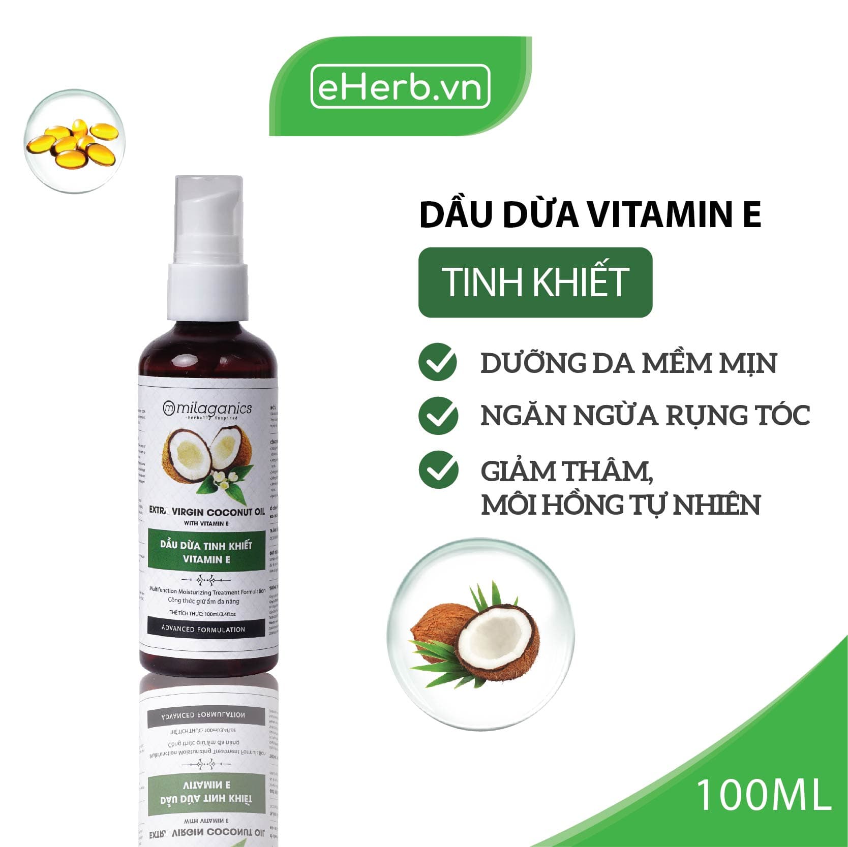 [HCM]Dầu Dừa Tinh Khiết Vitamin E Dưỡng Da - Tóc - Môi MILAGANICS 100ml (Chai)
