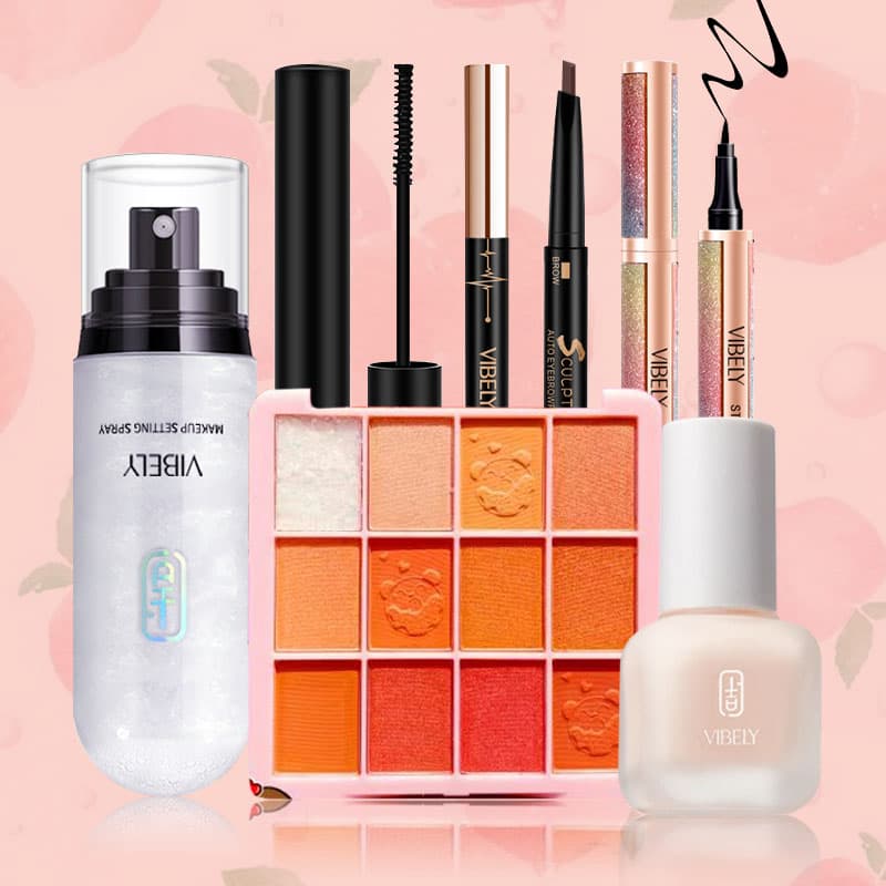 [HCM][Peachy Sis] VIBELY Bộ trang điểm đầy đủ - 6 món（Kem nền dạng lỏng che khuyết điểm +Phấn trang điểm bột/Xịt dưỡng trang điểm+Mascara 3D/Mascara 2D+chì kẻ mày+Kẻ mắt+Bảng phấn mắt 12 màu）