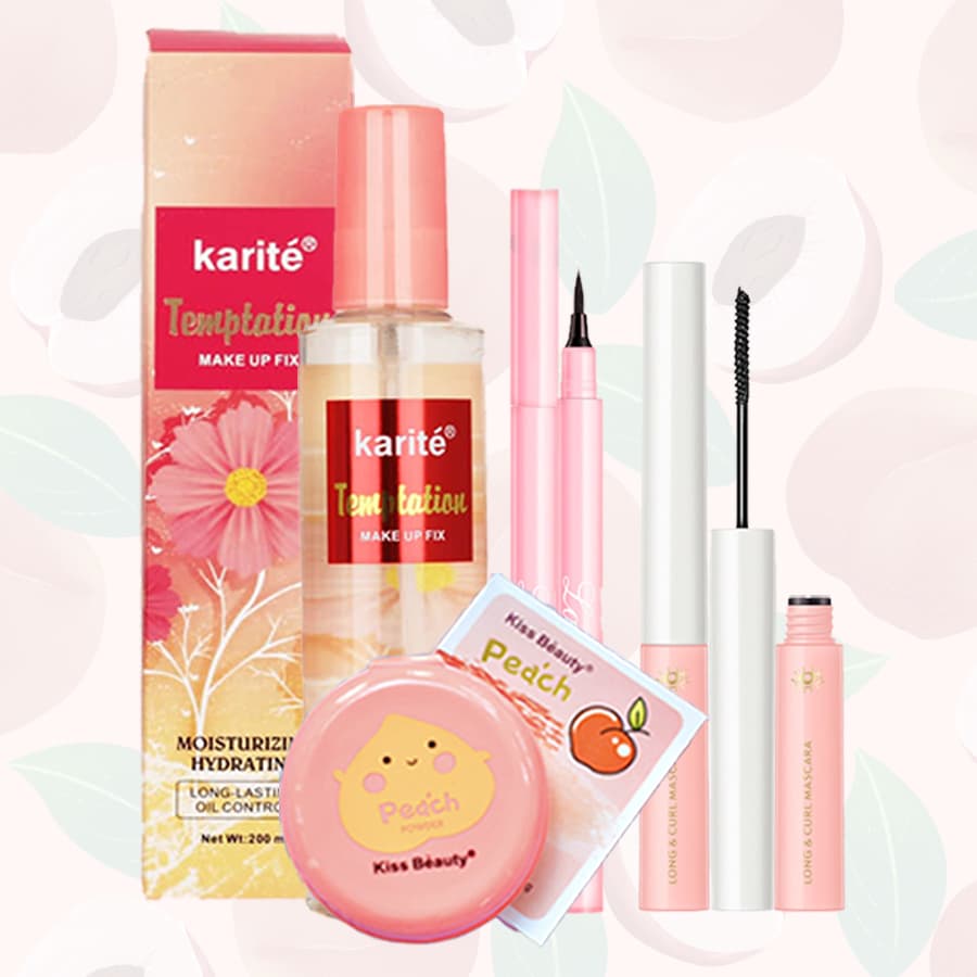 [HCM]【Kiss Belle Shop】Bộ mỹ phẩm 4 món (xịt dưỡng trang điểm + phấn trang điểm + kẻ mắt + mascara)