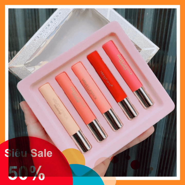 Set 5 cây son thỏi lì Hengfang Velvet makeup nắp vàng - Cavali - Son mềm mịn bám màu tốt tone màu trẻ trung năng động