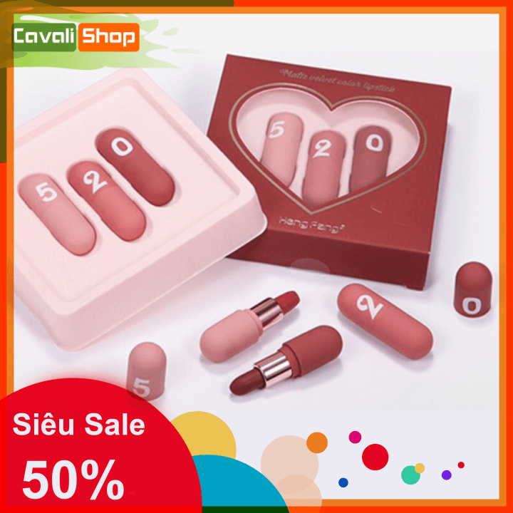 [TẶNG KÈM SON DƯỠNG TRÁI CÂY] Set son 3 cây Hengfang 520 - Cavali - thiết kế hình trụ đáng yêu chất son lì không khô môi kháng nước