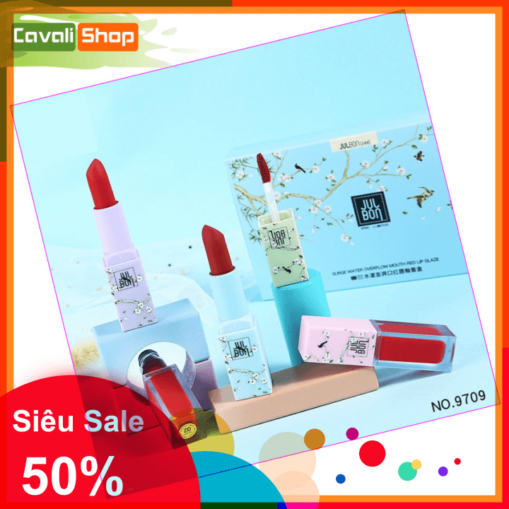 [TẶNG KÈM NƯỚC HOA 20ML] Set son Julbon Surge Water 4 cây - Cavali - gồm 2 son kem + 2 son thỏi lì mịn màu chuẩn - Tặng kèm gương mini