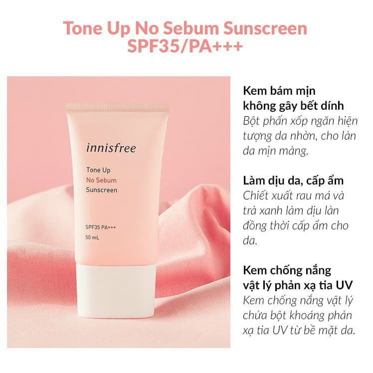 Kem Chống Nắng Kiềm Dầu & Nâng Tông Da Innisfree 50ml-Màu Hồng (DATE MỚI)