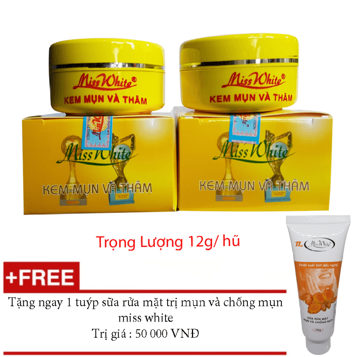 [HCM]COMBO 2 KEM MỤN NGỪA THÂM MISS WHITE 12G( mẫu mới ) + TẶNG SỮA RỬA MẶT MISS WHITE 100G