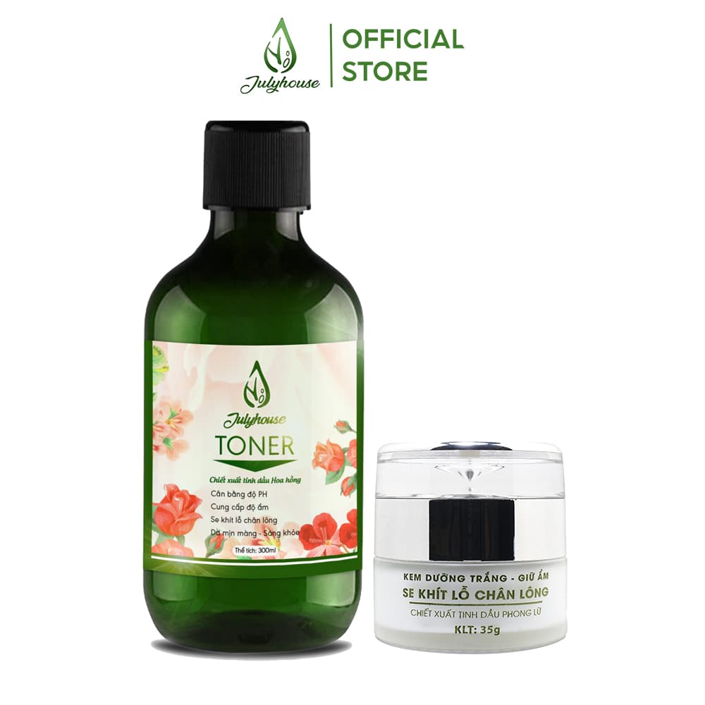 [HCM]Combo Dưỡng Trắng: Toner chiết xuất Tinh dầu Hoa Hồng 300ml JULYHOUSE - Kem Dưỡng Trắng Se Khít lỗ chân lông chiết xuất Tinh dầu Phong Lữ 35g JULYHOUSE